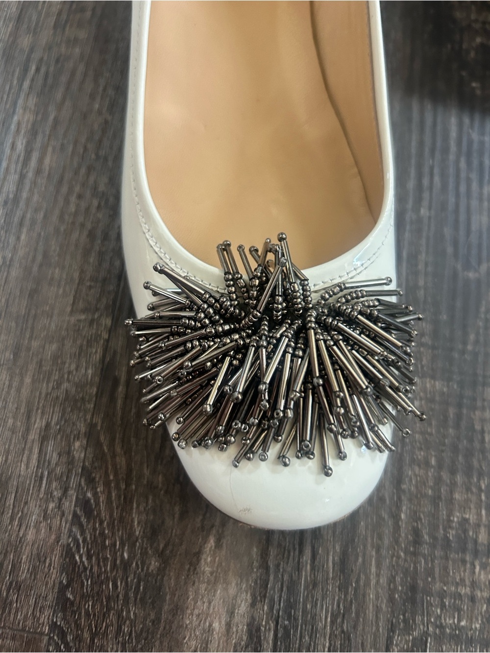 Sesto Meucci Cream Patent Ballet Flats with Metallic Bead Pom - Picture 4 of 6